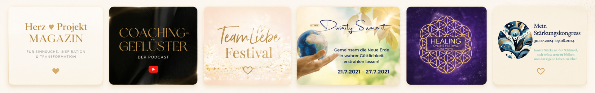 Bekannt aus: Herz Projekt Magazin, Coaching-Geflüster, Team Liebe Festival, Divinity Summit, Healing Online Festival, Mein Stärkungskongress
